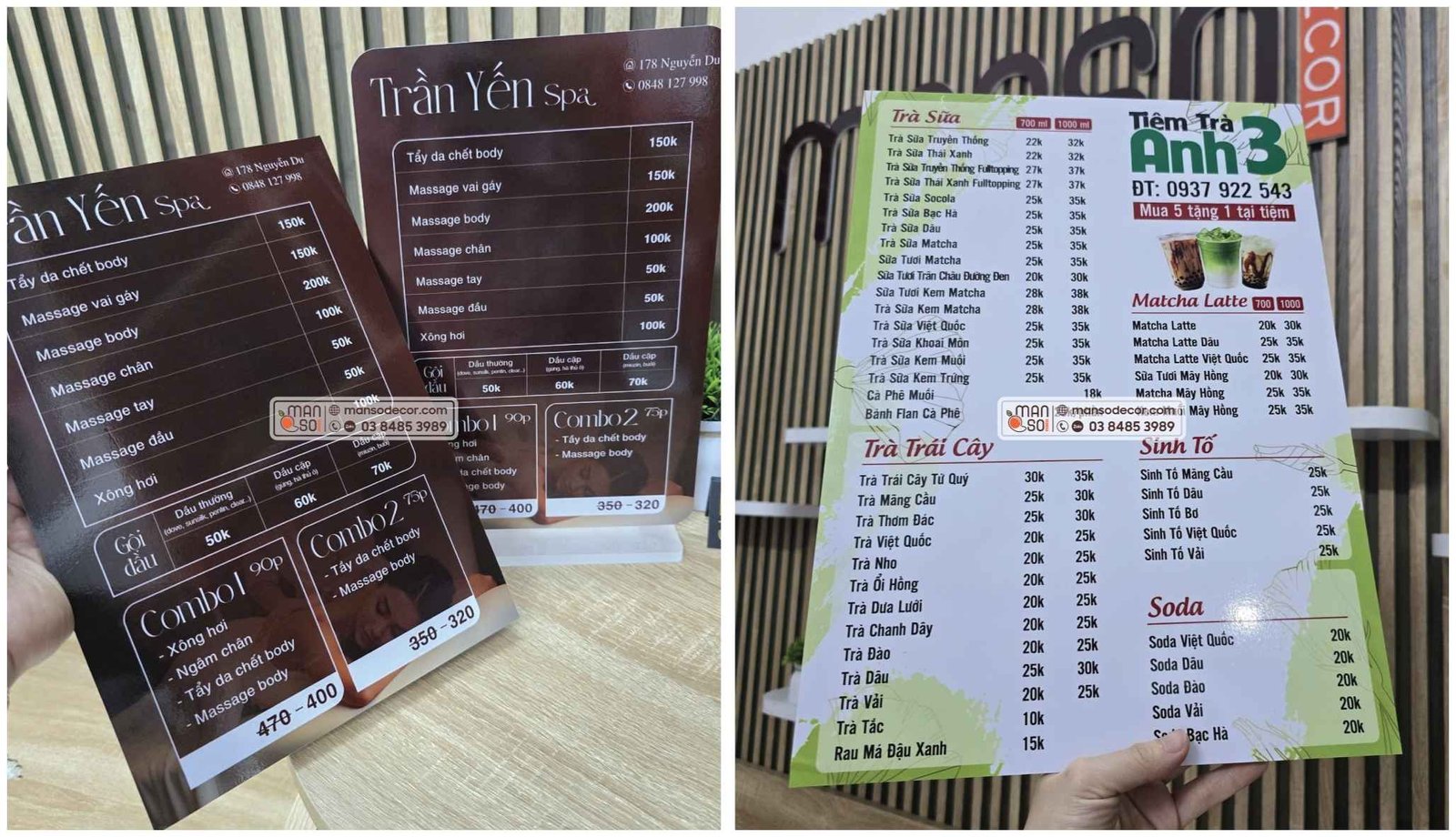 In Menu Một số mẫu menu cầm tay bồi forrm được khách hàng lựa chọn nhiều tại Manso