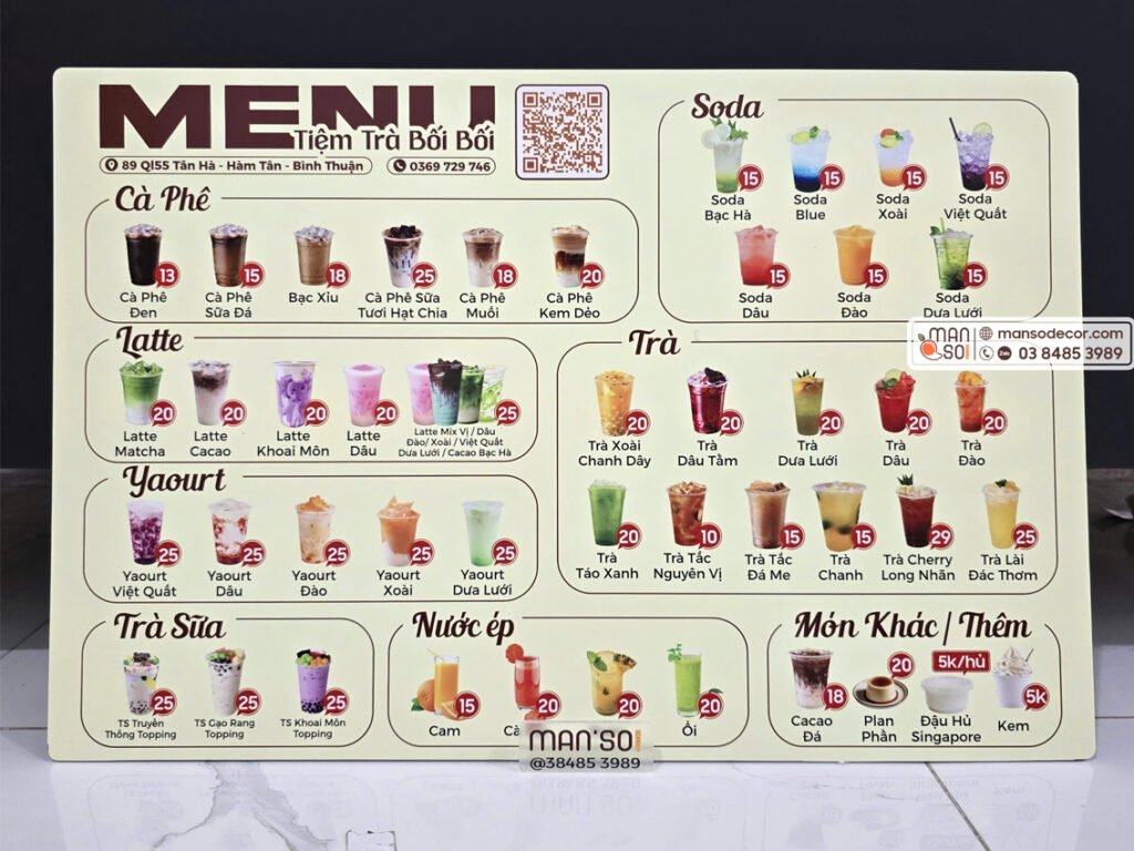 In Menu Đẹp Giá Rẻ HCM Theo Yêu Cầu, Chất Lượng - Manso Decor menu cam tay quan tra sua